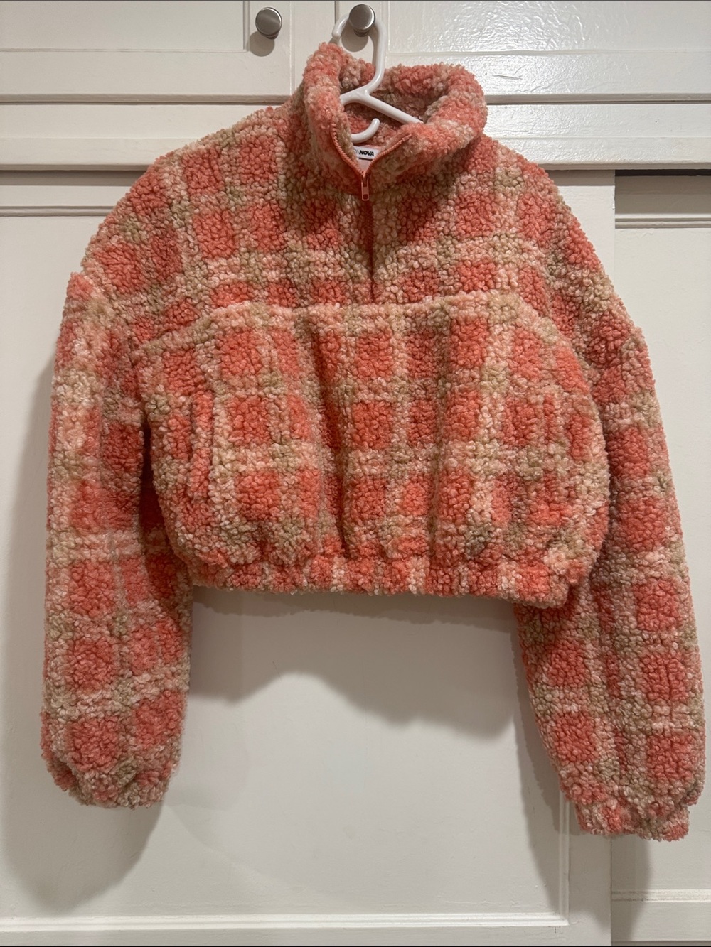 Fashion Nova Coral Plaid Sherpa Half-Zip Turtleneck fleece/sherpa Pullover